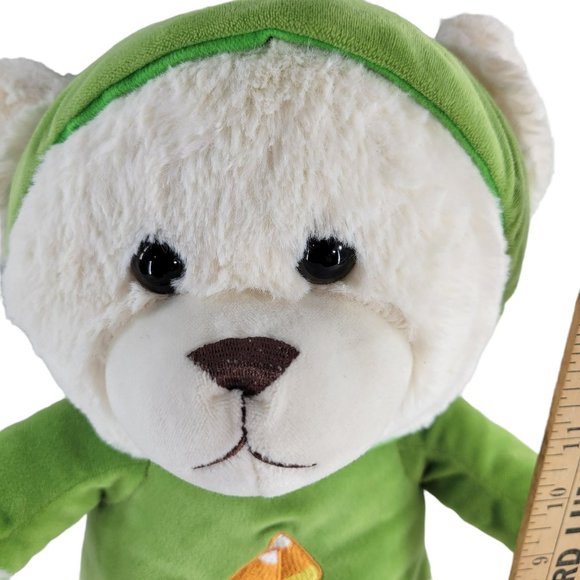 KellyToy 16" White Teddy Bear Plush w Candy Corn Green Velour Hoodie October Fal - Picture 4 of 4